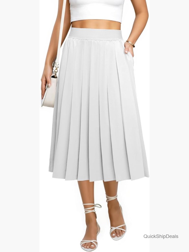 Pleated Midi Skirt With Pockets Elastic High Waisted A-Line Work Skirt